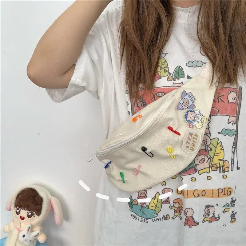 Canvas Waist Bag Women Fanny Pack with Brooch Casual Bum Bag