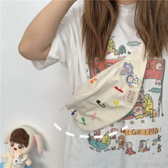 Canvas Waist Bag Women Fanny Pack with Brooch Casual Bum Bag