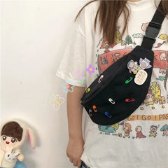 Canvas Waist Bag Women Fanny Pack with Brooch Casual Bum Bag