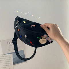 Canvas Waist Bag Women Fanny Pack with Brooch Casual Bum Bag