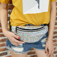 Pink Silver Fanny Pack Female Waist Bag Leg Chest Phone Pouch