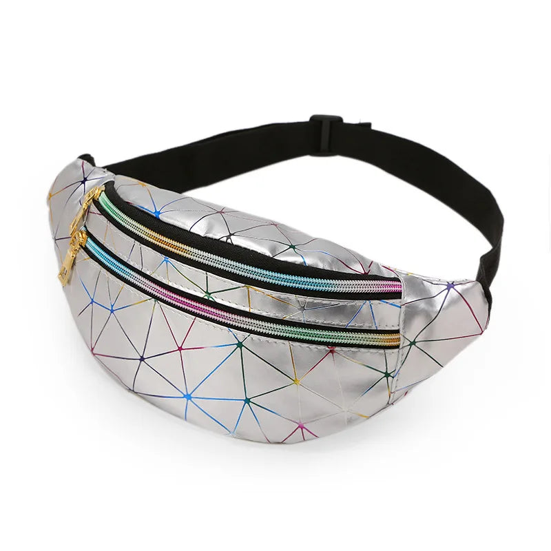 Pink Silver Waist Bags Women Fanny Pack Geometric Laser Chest