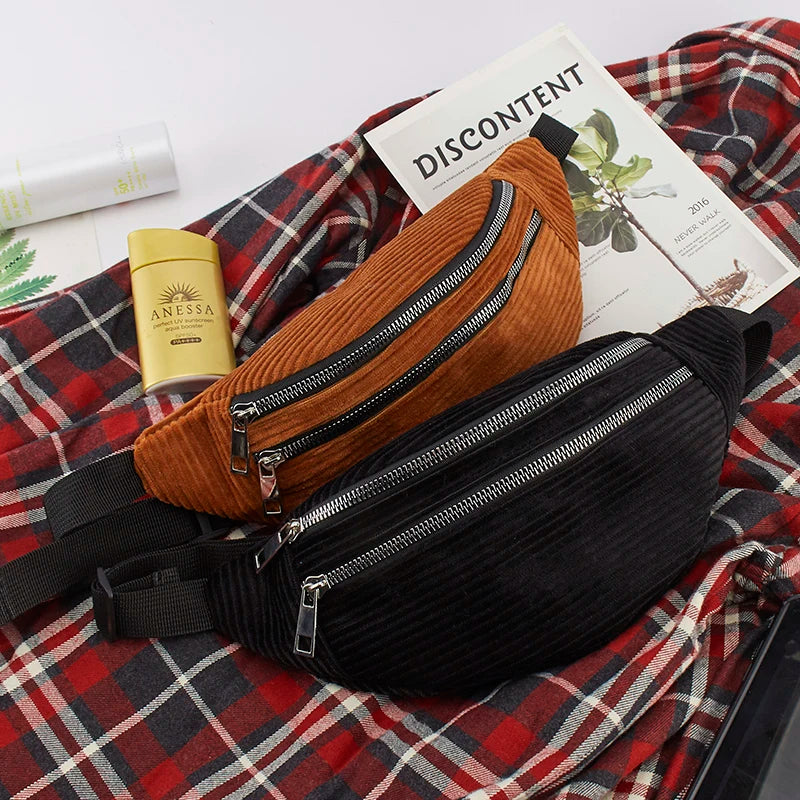 Corduroy Waist Belt Bag for Women Ladies Shoulder Bag Money Pack Bum Belt Bags
