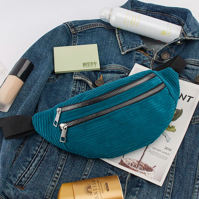 Corduroy Waist Belt Bag for Women Ladies Shoulder Bag Money Pack Bum Belt Bags