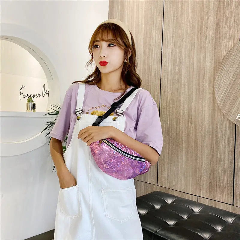 Women Waist Pack Chest Bag Fanny Pack Sequins Crossbody Purses PVC All-match