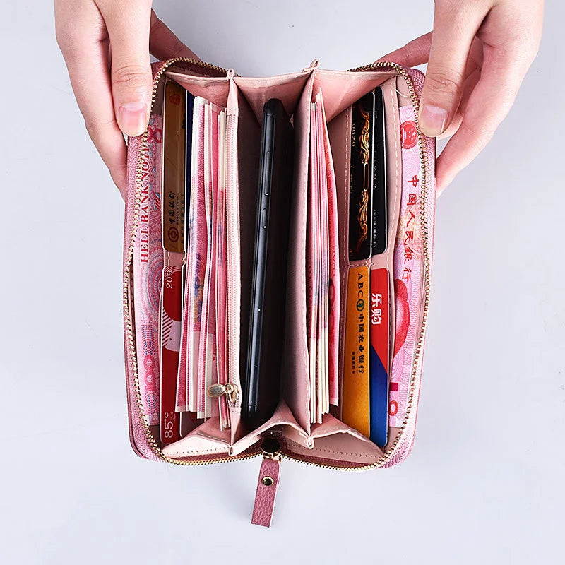 Women's Long Wallet with Wrist Strap, Double Zipper