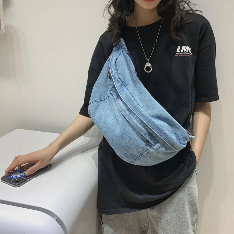 Denim Messenger Bag Women's Large Capacity Shoulder Purse Chest Bag