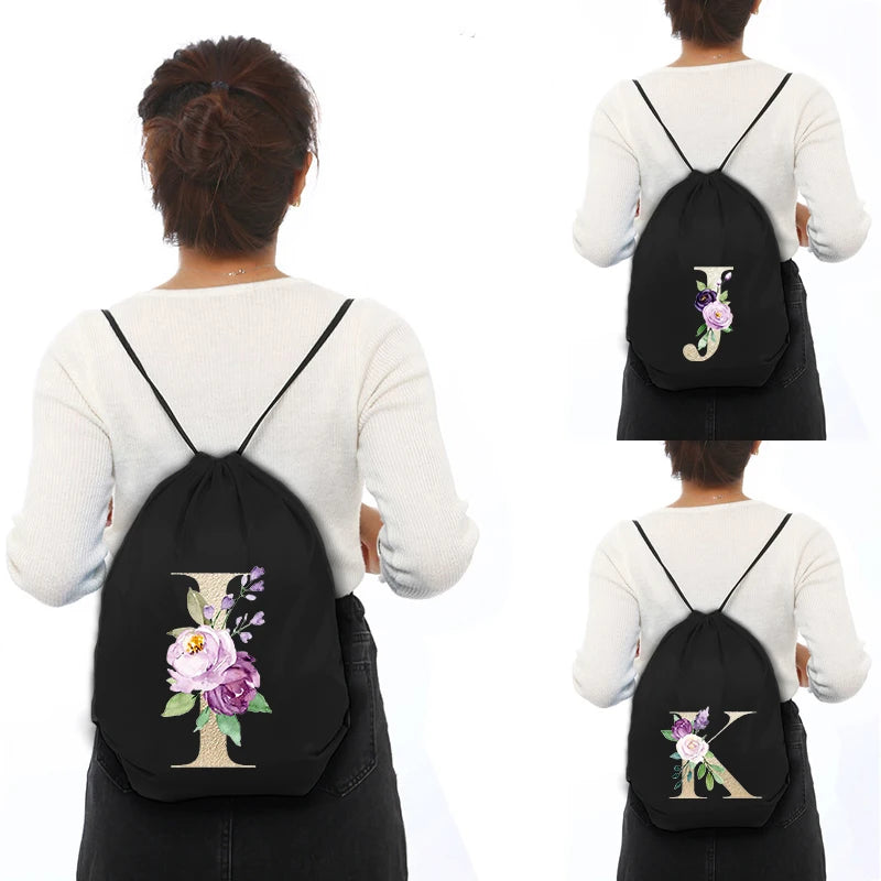 Waterproof Foldable Drawstring Bag Golden Letter Print Backpack