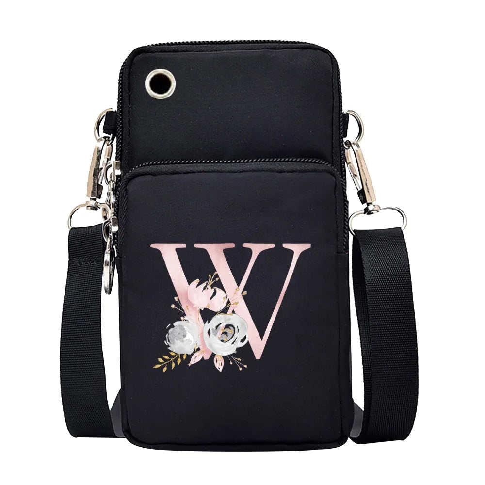 Waterproof Shoulder Bag for Universal Phones Pink Flower 26 Letters Case Women