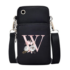 Waterproof Shoulder Bag for Universal Phones Pink Flower 26 Letters Case Women