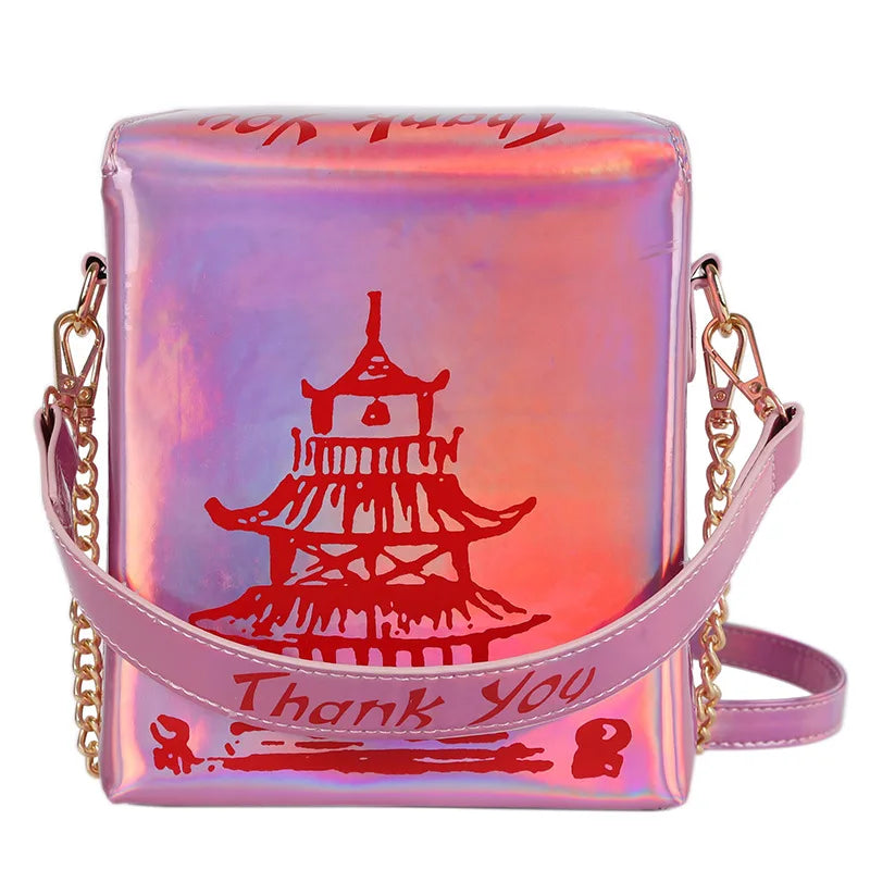 Chinese Takeout Box Purse Pu Leather Women Handbag Crossbody Bag