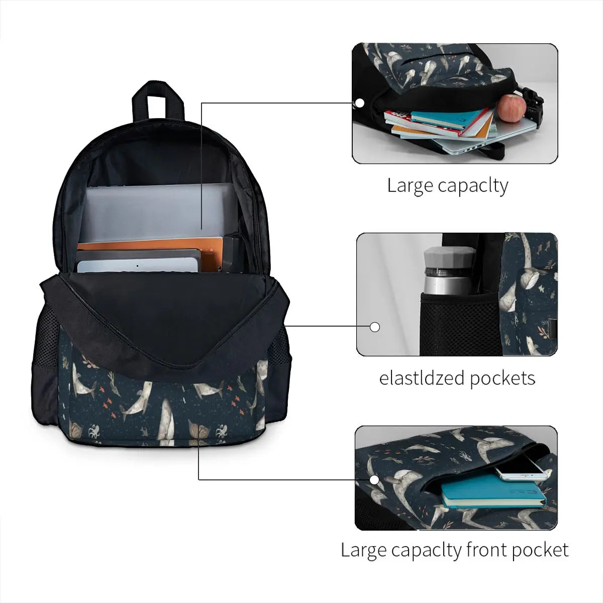 Whales Watercolor Backpack Men's Women's Kids Print School Bag