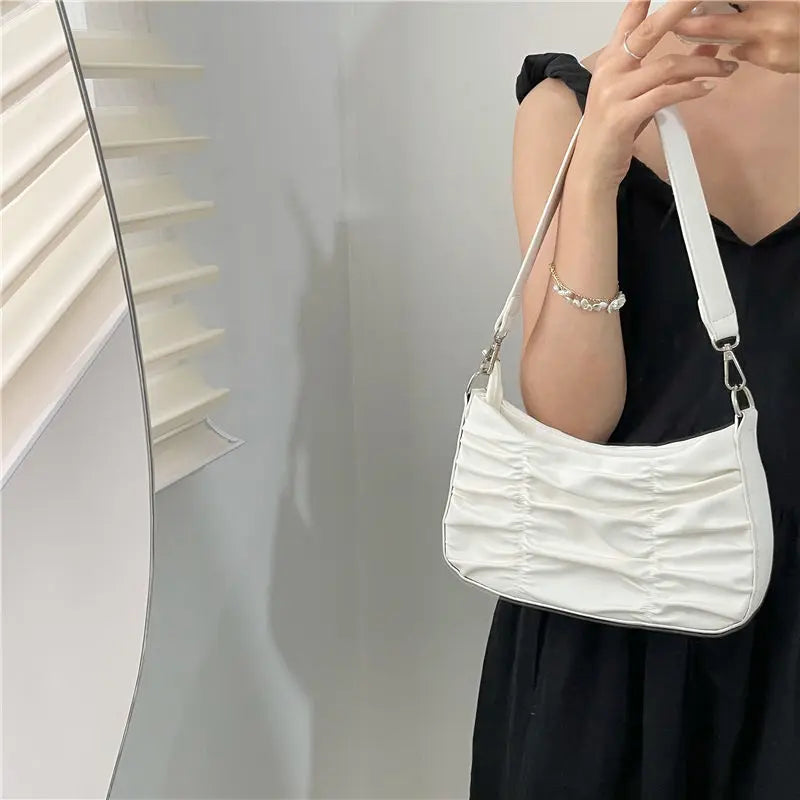 Pleated Shoulder Bag for Women Chain Handbag Zipper Texture PU Leather