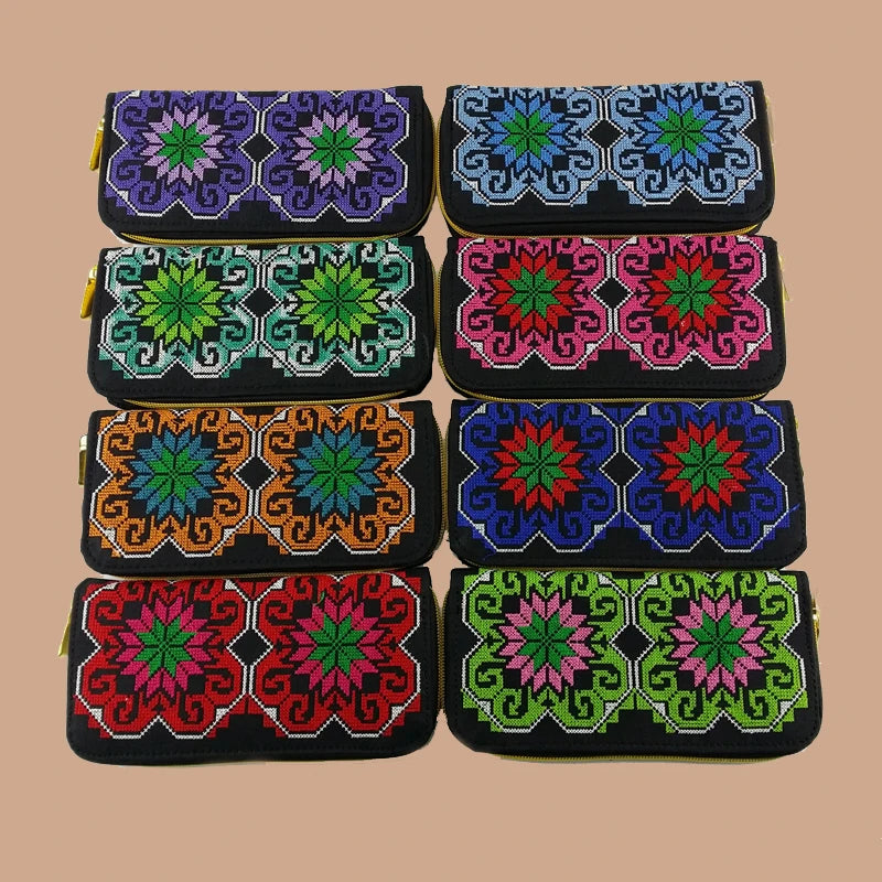 Retro Zipper Wallets Women Embroidered Flower Purse Cross Wallet