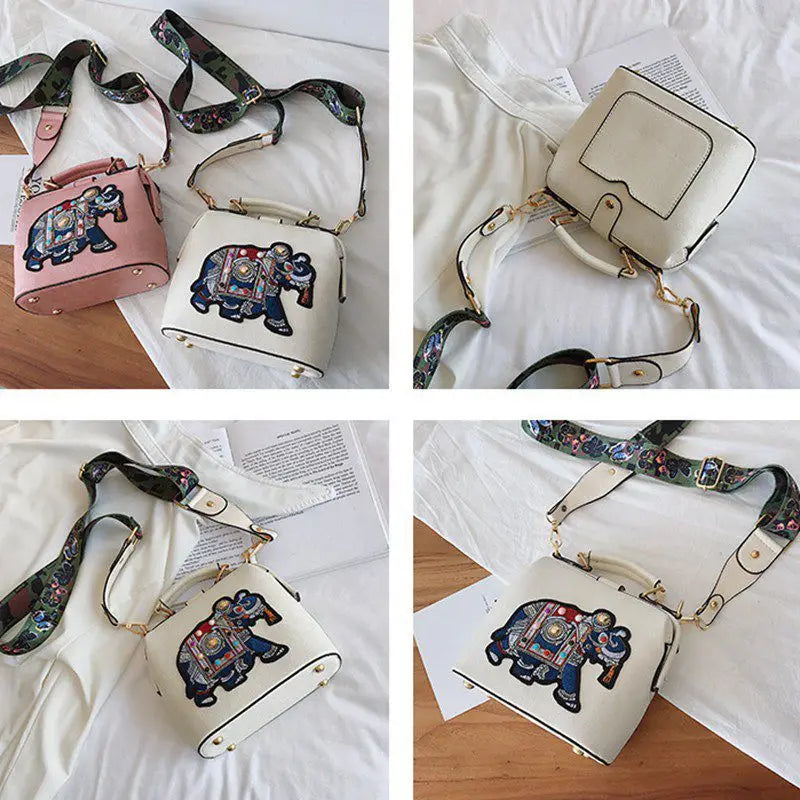Embroidered Elephant Crossbody Bag with Wide Butterfly Strap
