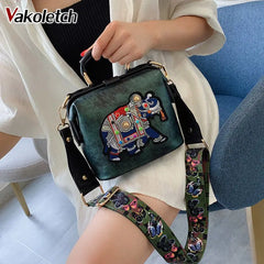 Embroidered Elephant Crossbody Bag with Wide Butterfly Strap