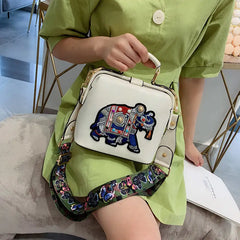 Embroidered Elephant Crossbody Bag with Wide Butterfly Strap