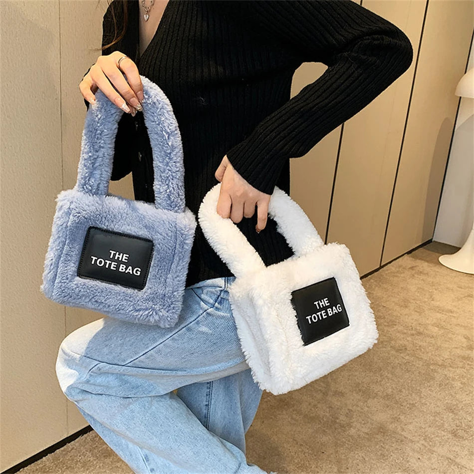 Winter Candy Short Handle Women's Small Totes Bag Faux Fur Hand Bag