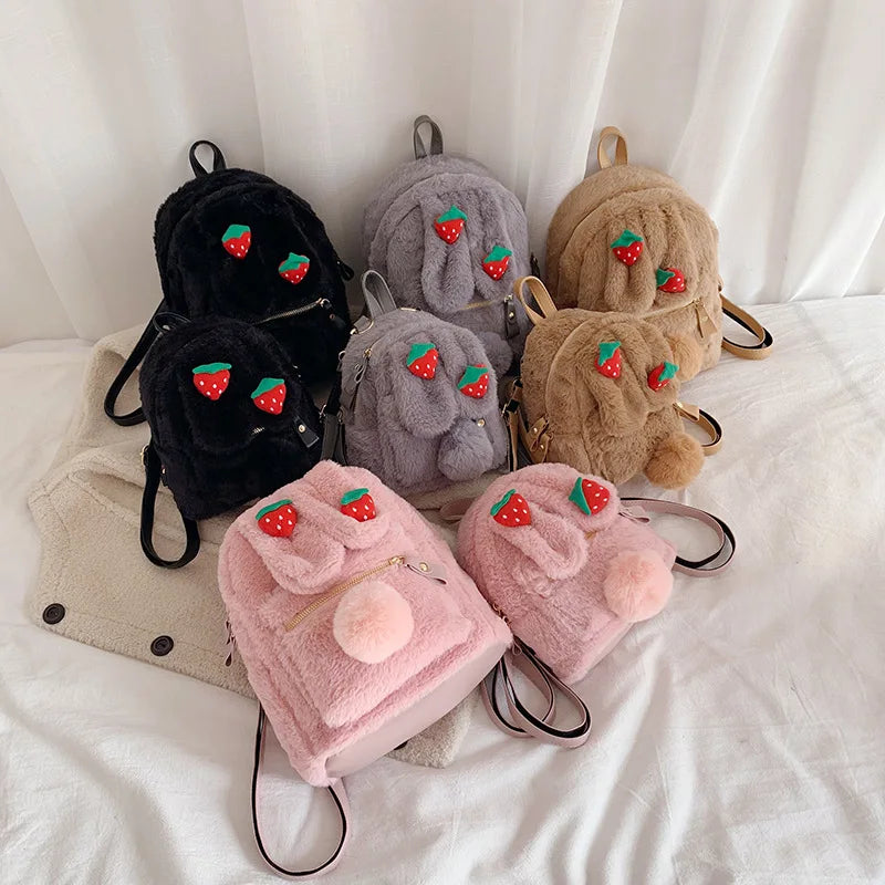 Winter Faux Fur Backpack Rabbit Ear Women Travel Shoulder Bags Plush Bagpack
