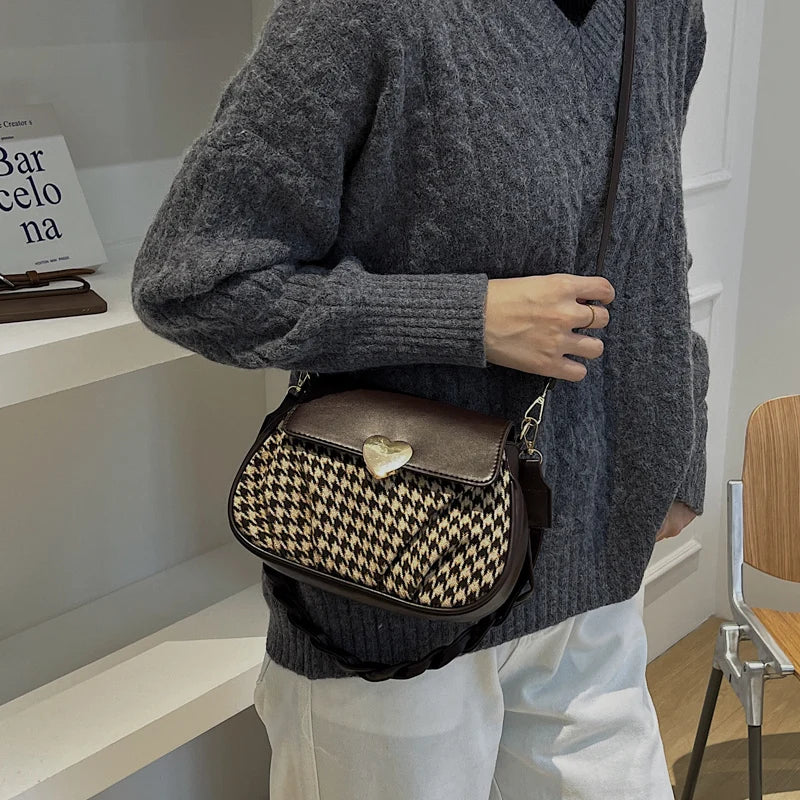 Winter Houndstooth Pattern Ladies Shoulder Bags Women's Pu Leather