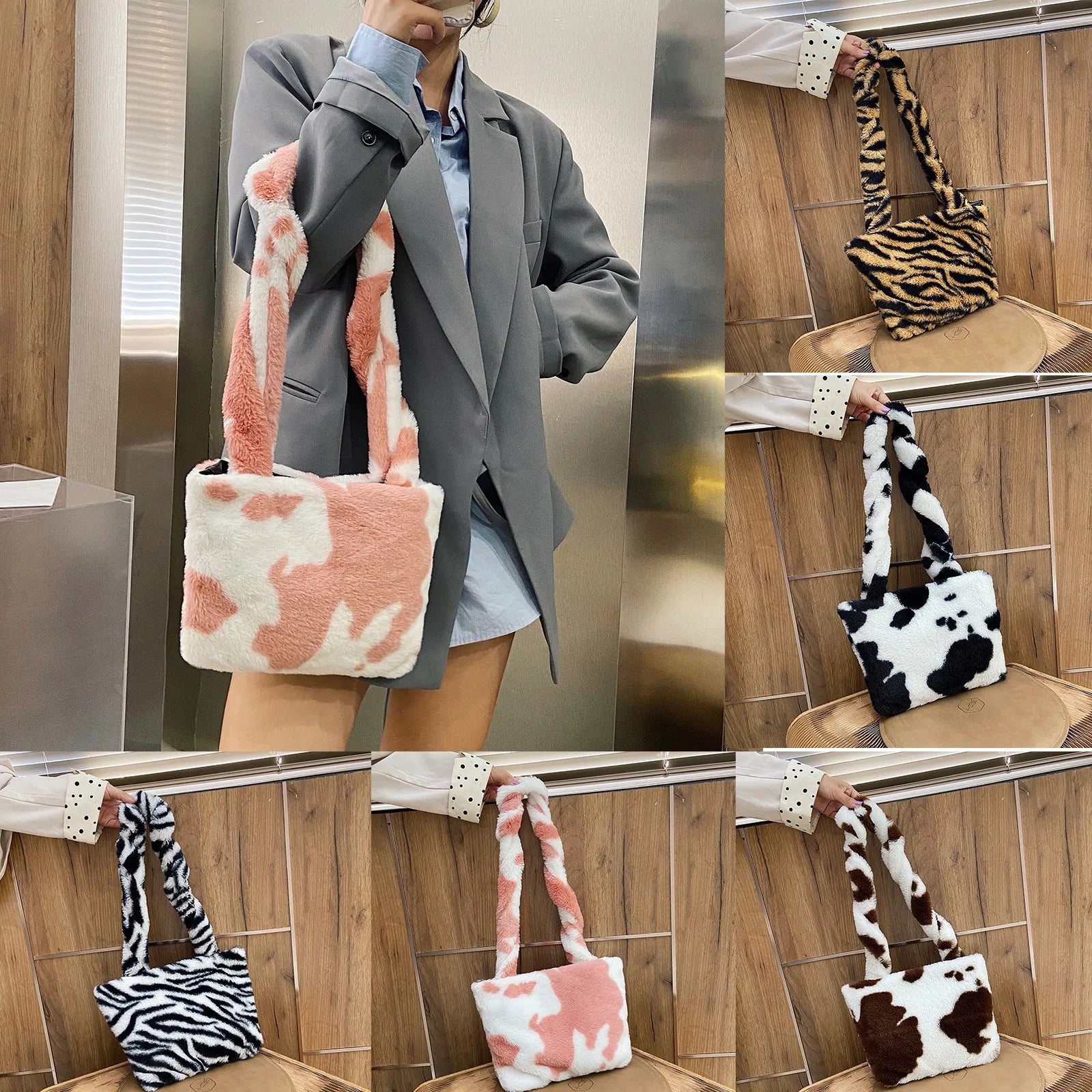 Leopard Print Plush Handbag Messenger Bag Soft Warm Fur Bag