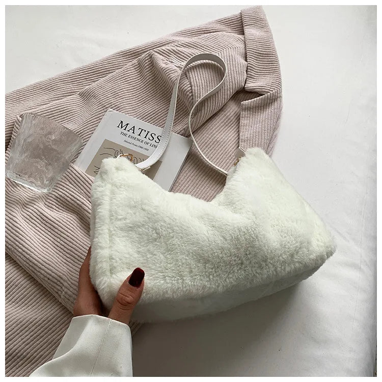 Winter Women Soft Plush Shoulder Bag Faux Furry Small Tote Purse Handbag