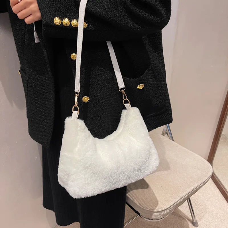Winter Women Soft Plush Shoulder Bag Faux Furry Small Tote Purse Handbag