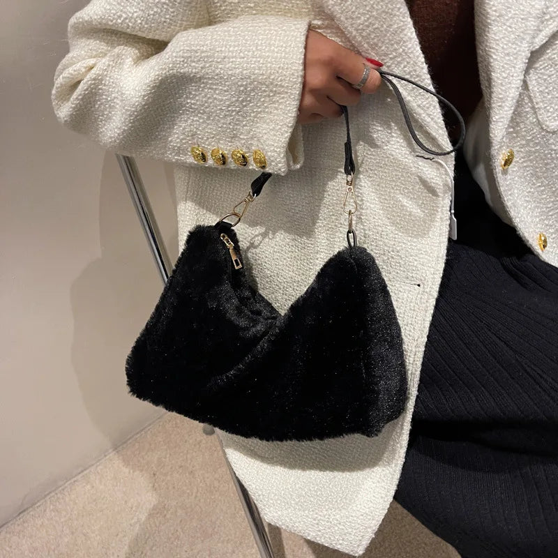 Winter Women Soft Plush Shoulder Bags Faux Furry Ladies Small Tote