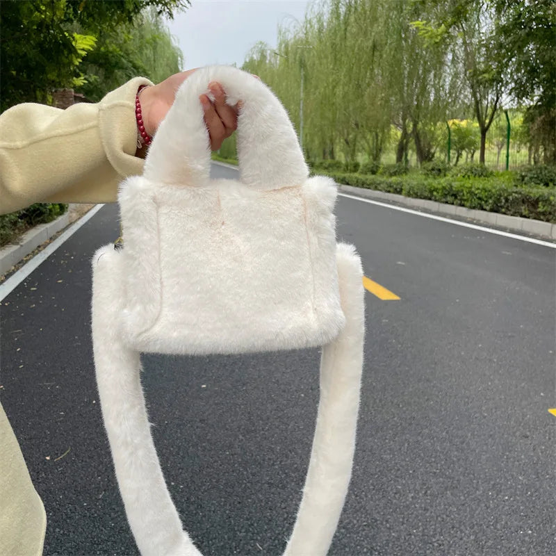 Winter Soft Plush Shoulder Bag Faux Furry Tote Handbag Solid Female Girls