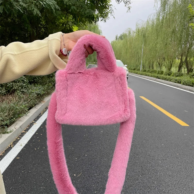 Winter Soft Plush Shoulder Bag Faux Furry Tote Handbag Solid Female Girls