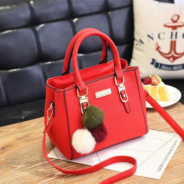 Winter Hairball PU Leather Women's Shoulder Bag Large Capacity Top-handle Tote