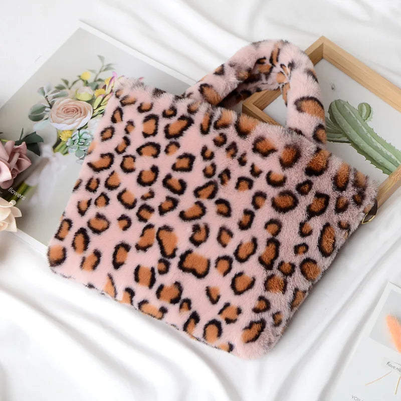 Winter Faux Fur Leopard Handbag Plush Messenger Bag Soft Warm Fur Bag Female Tra