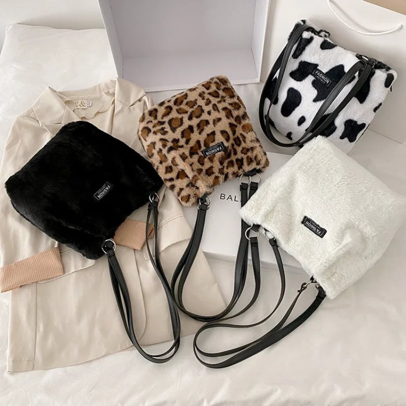 Leopard Print Plush Mini Bucket Bag for Women Velvet Underarm Bag