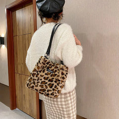 Leopard Print Winter Plush Mini Shoulder Bag for Women