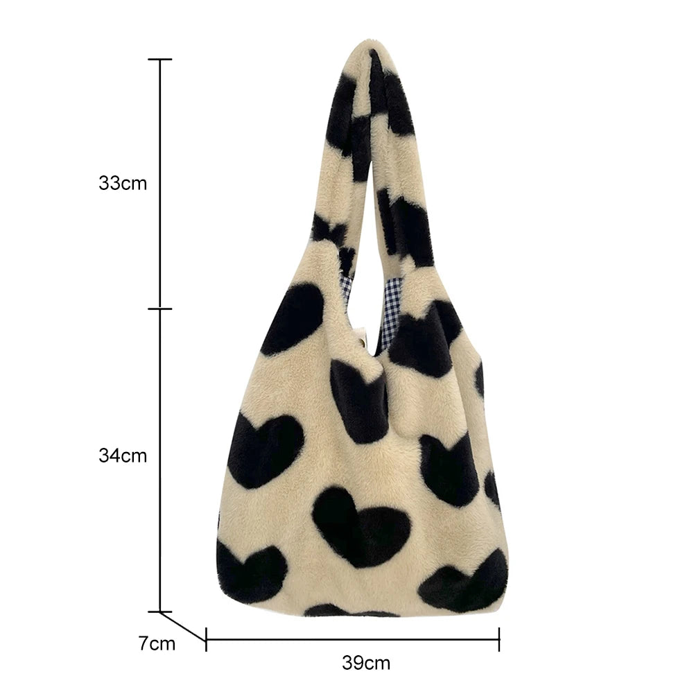 Winter Love Heart Fluffy Shoulder Handbag Large Capacity Soft Plush Shopping Bag