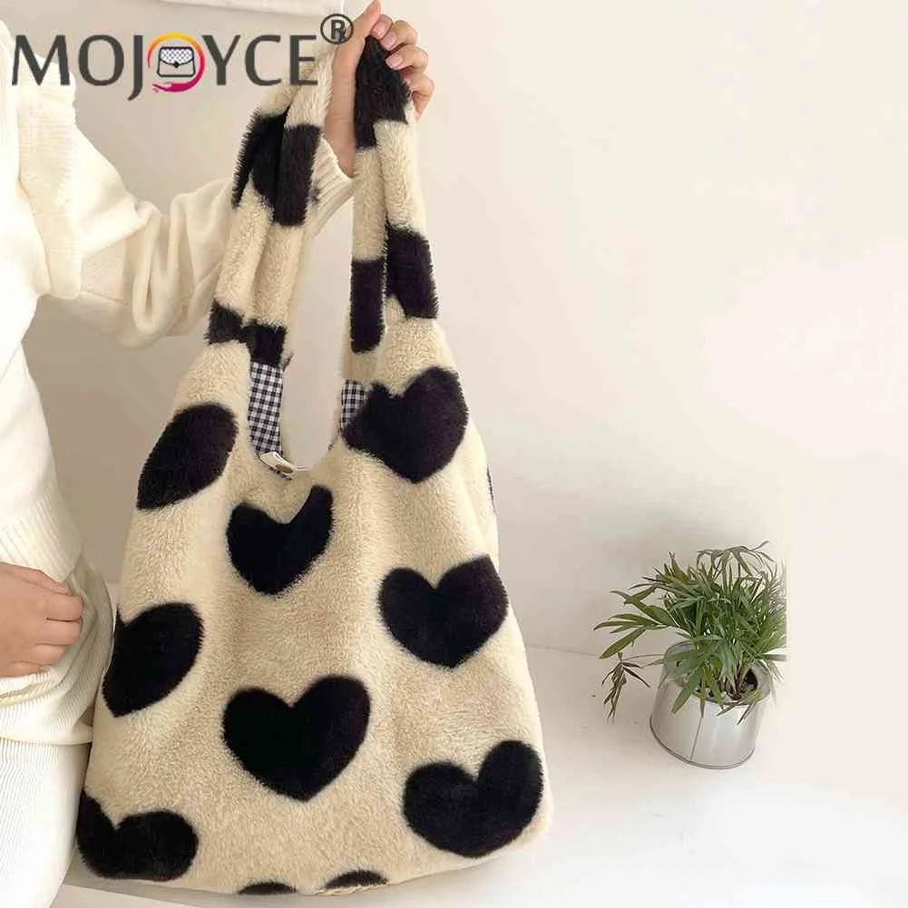 Winter Love Heart Fluffy Shoulder Handbag Large Capacity Soft Plush Shopping Bag