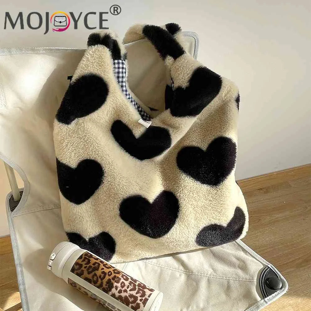 Winter Love Heart Fluffy Shoulder Handbag Large Capacity Soft Plush Shopping Bag