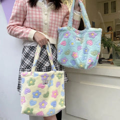 Floral Shoulder Bag Women Faux Fur Tote Large Capacity Handbag