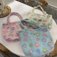 Floral Shoulder Bag Women Faux Fur Tote Large Capacity Handbag