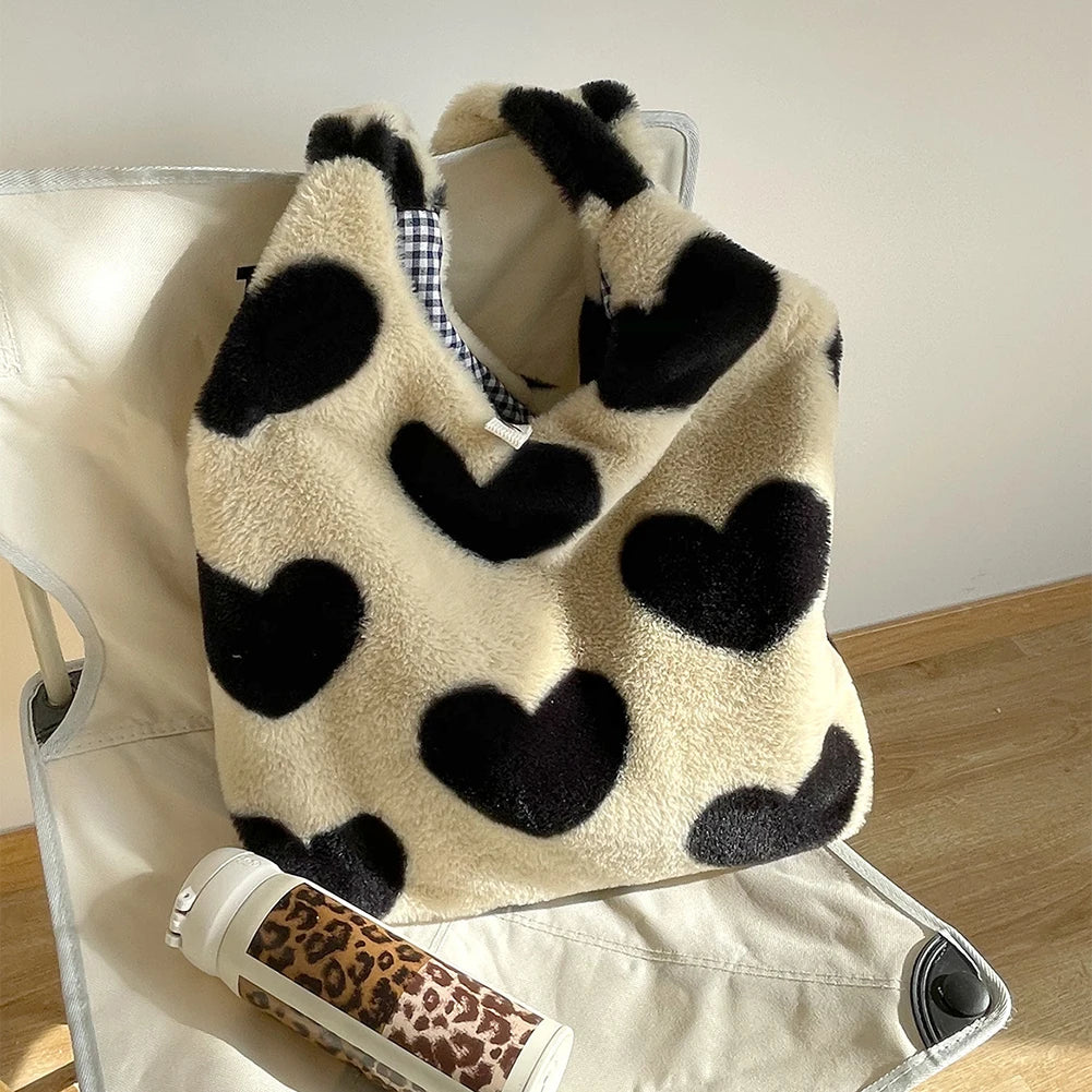 Winter Love Heart Fluffy Tote Bag for Women Girls