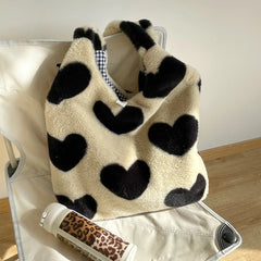 Winter Love Heart Fluffy Tote Bag for Women Girls