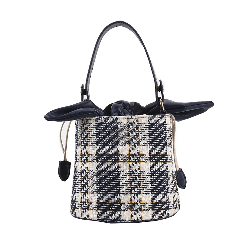 Vintage Check Drawstring Bucket Bag Winter Women's Woolen Cloth Shoulder Bag