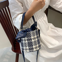 Vintage Check Drawstring Bucket Bag Winter Women's Woolen Cloth Shoulder Bag
