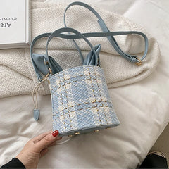 Vintage Check Drawstring Bucket Bag Winter Women's Woolen Cloth Shoulder Bag