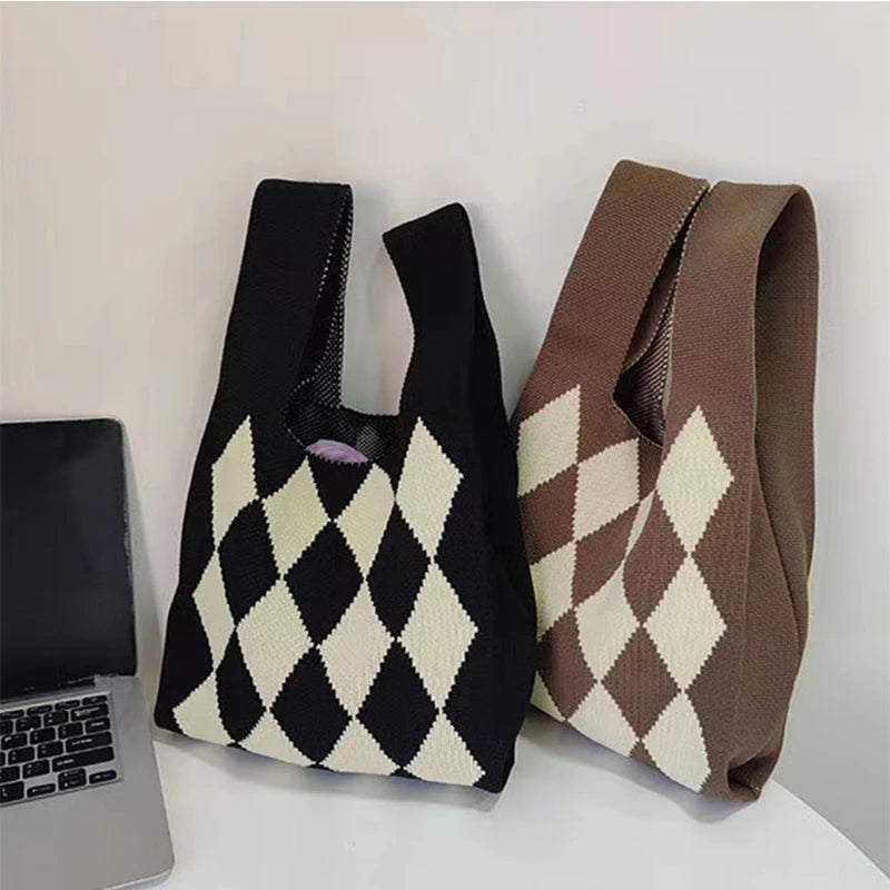 Plaid Knitted Shoulder Bag Winter Wool Handbag for Women