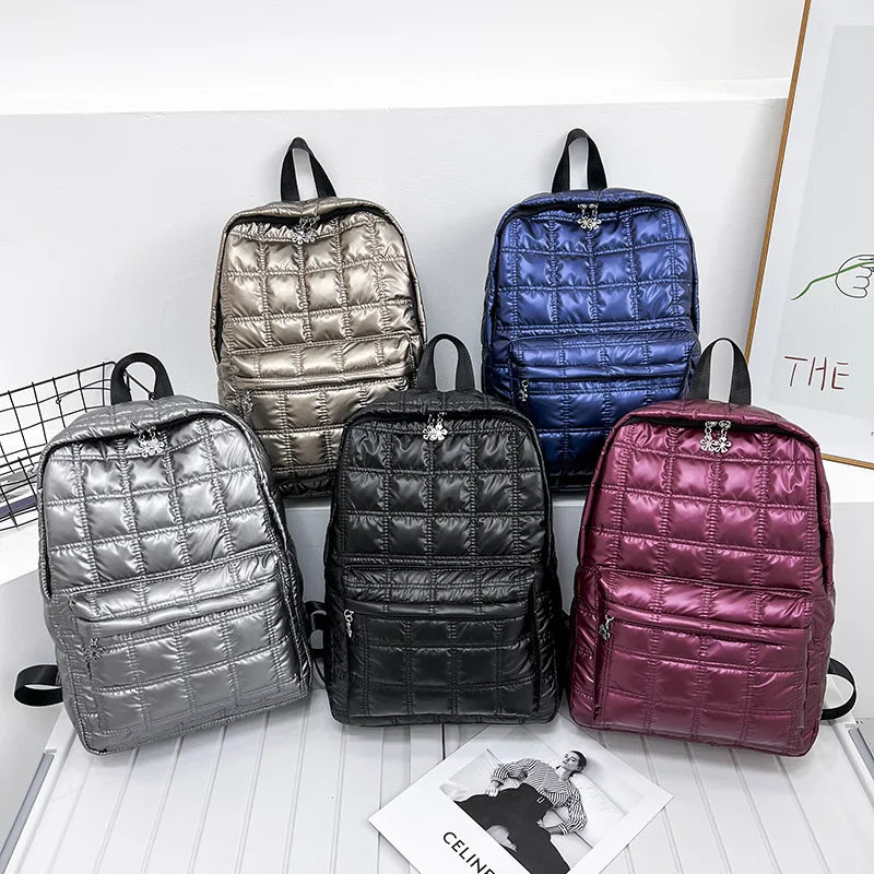 Winter Women Backpack Space Pad Cotton Feather Down Bag Travel Backpacks