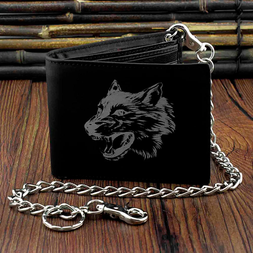 Wolf Leather Mens Bi-Fold Wallet w/ Biker Chain
