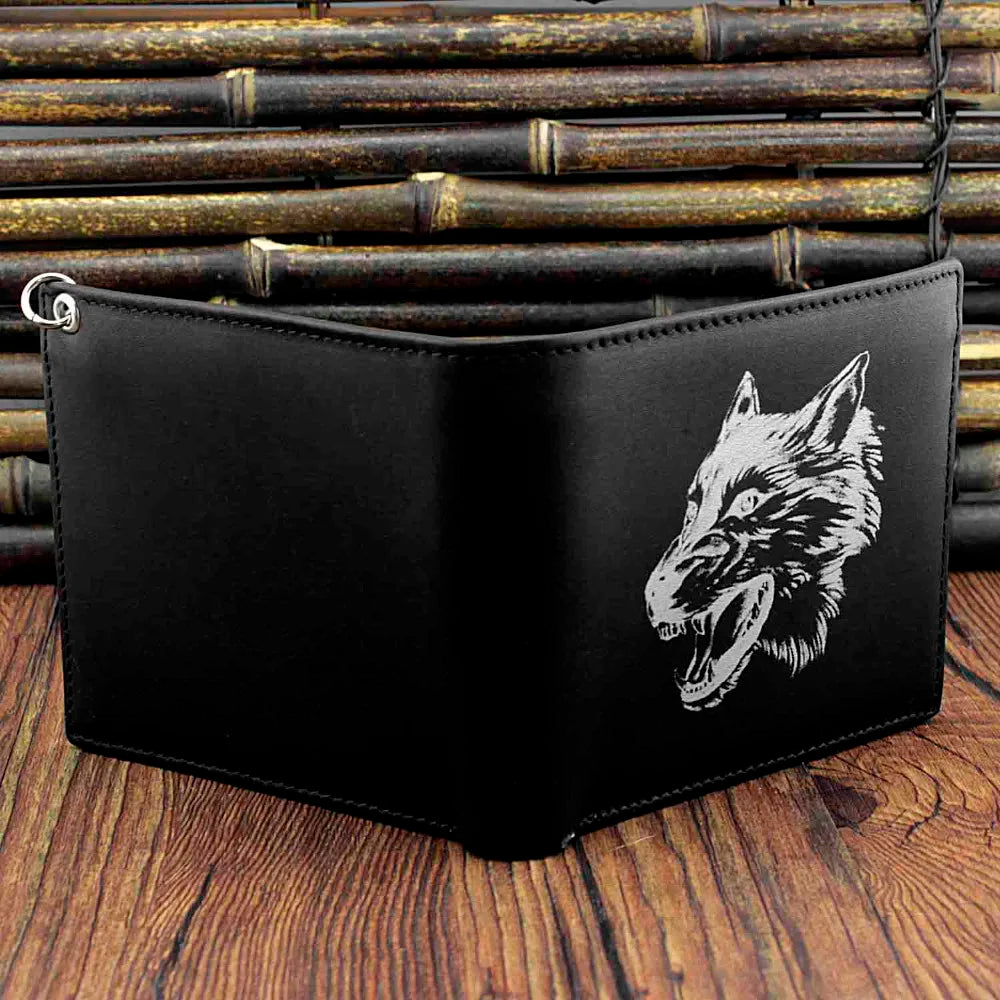 Wolf Leather Mens Bi-Fold Wallet w/ Biker Chain