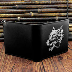Wolf Leather Mens Bi-Fold Wallet w/ Biker Chain