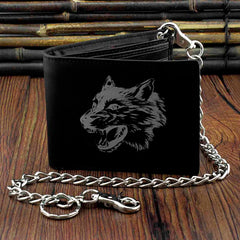 Wolf Leather Mens Bi-Fold Wallet w/ Biker Chain